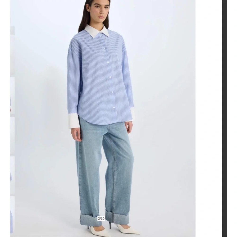 &merci Oversize Fit Striped Poplin Long Sleeve Shirt Blue Cotton Large NWTS - Picture 2 of 5